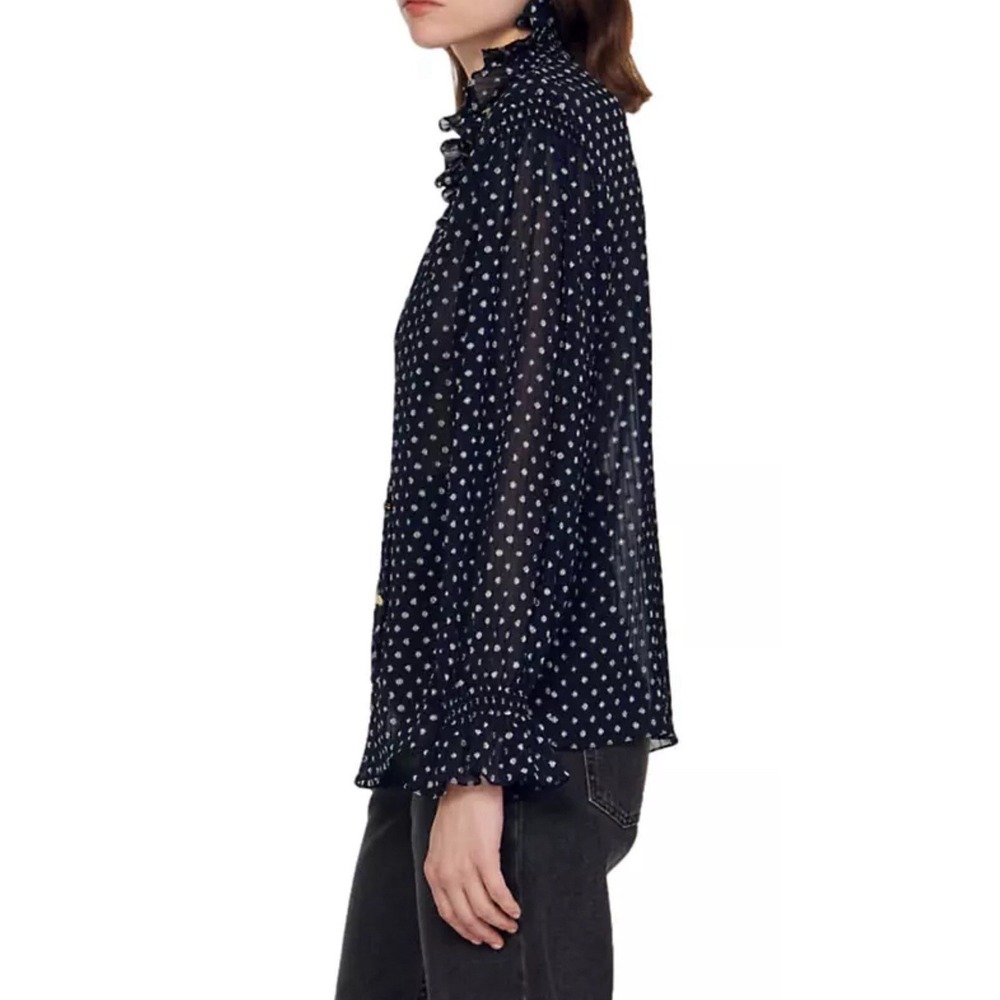 SANDRO Blouse Womens Small Sz 2 Sheer Button Up Ruffle Patterned Polka Dots $340 - Picture 2 of 10